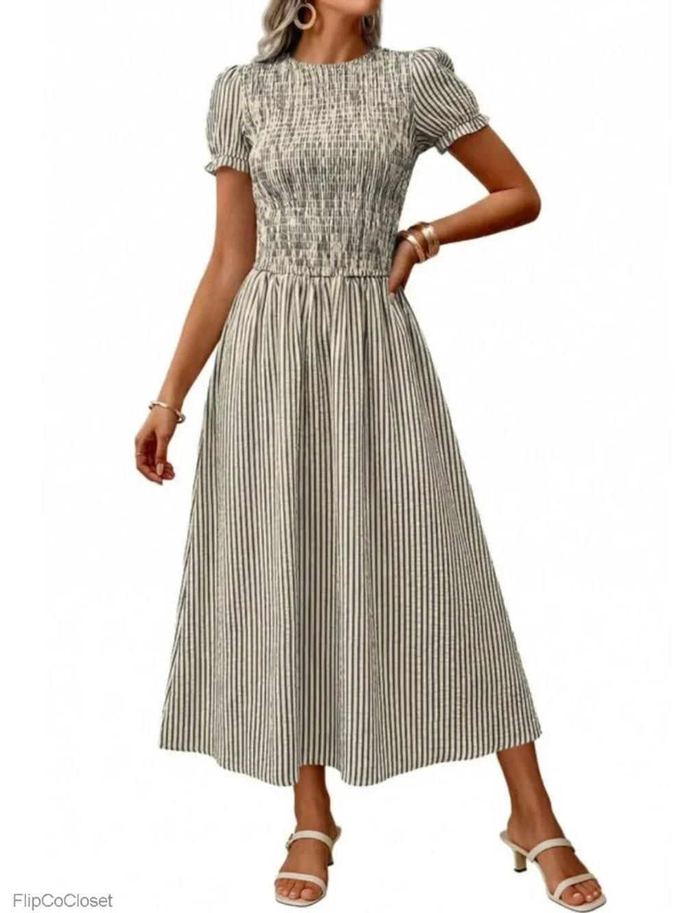 Striped Smocked Midi Dress Flowy A-Line Puff Sleeve Boho Vacation Beach Maxi
